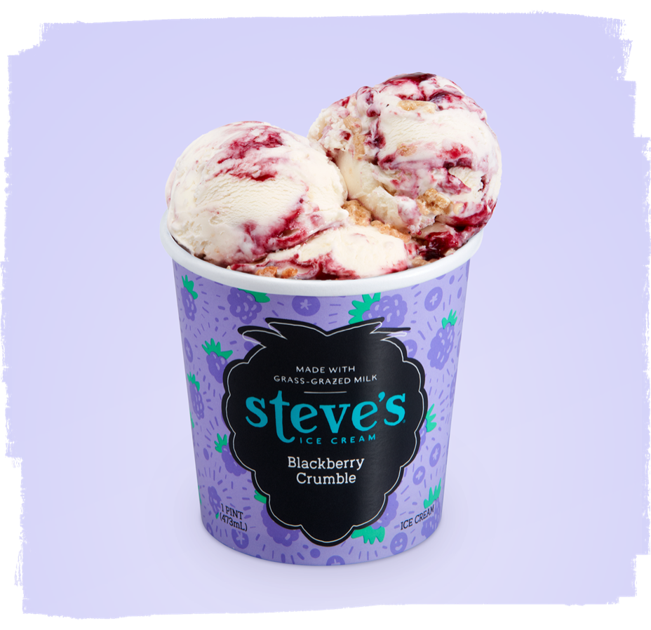 scoops of ice cream in blackberry crumble pint container